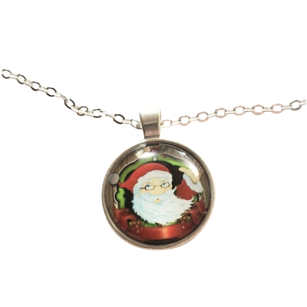 Santa Clause Silver Holiday Christmas Jewelry Globe Cabochon Pendant Necklace
